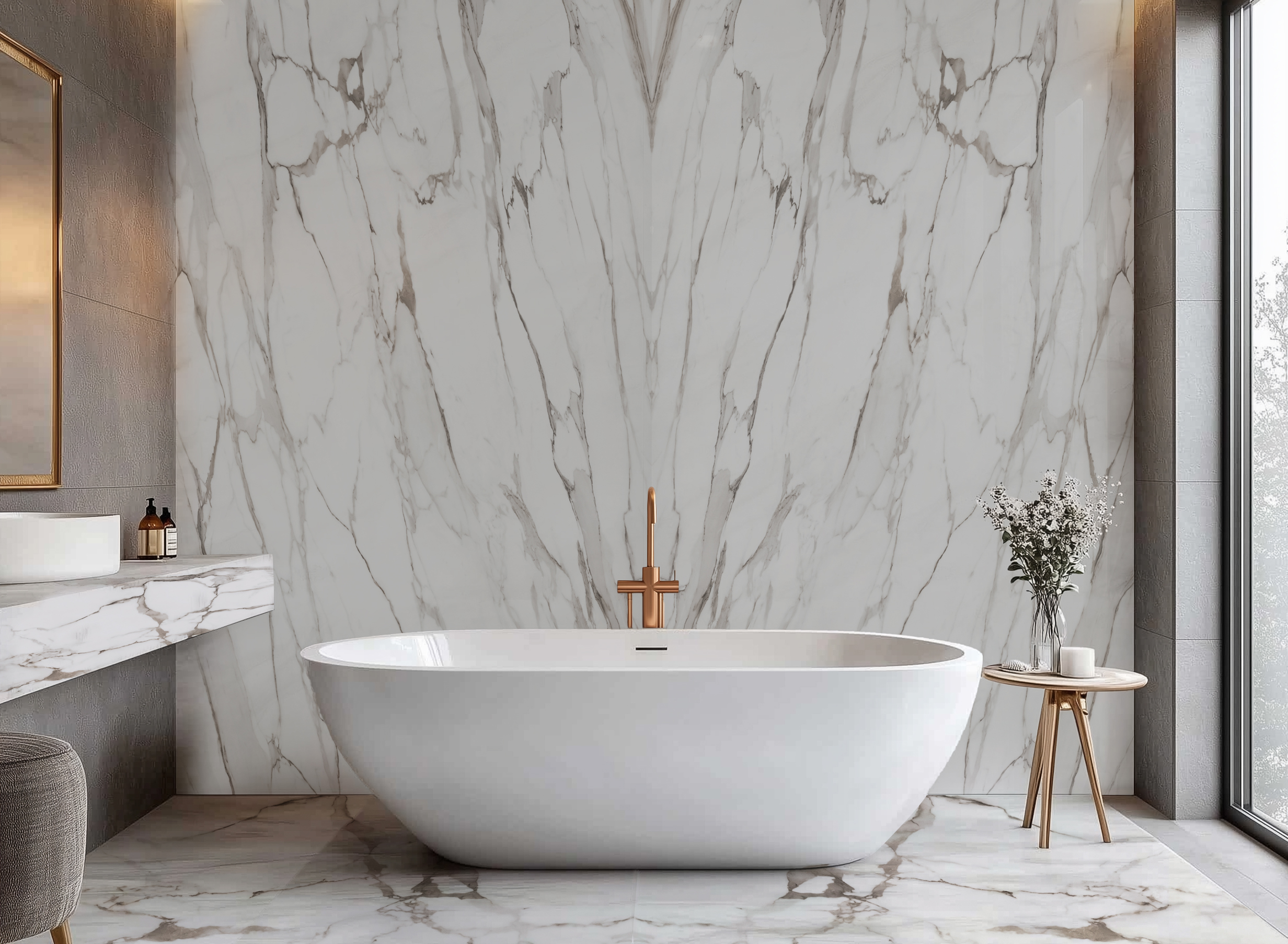 Calacatta Borghini installed in luxury white bath