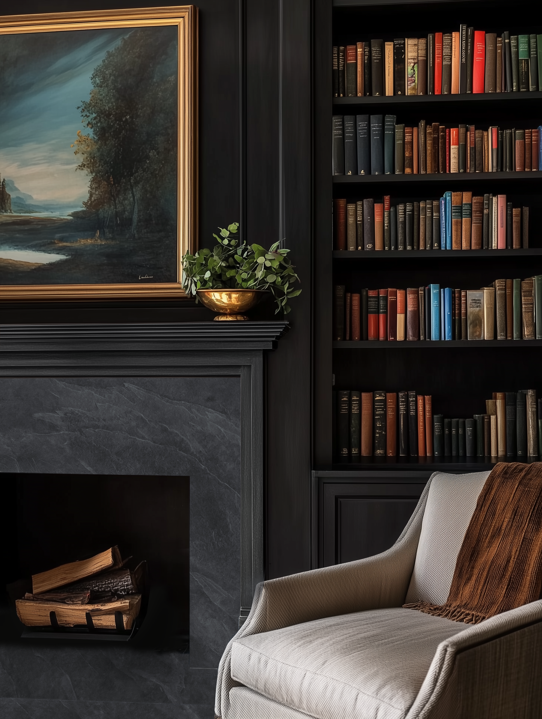 Basaltino Slate installed on fireplace in dark and moody study