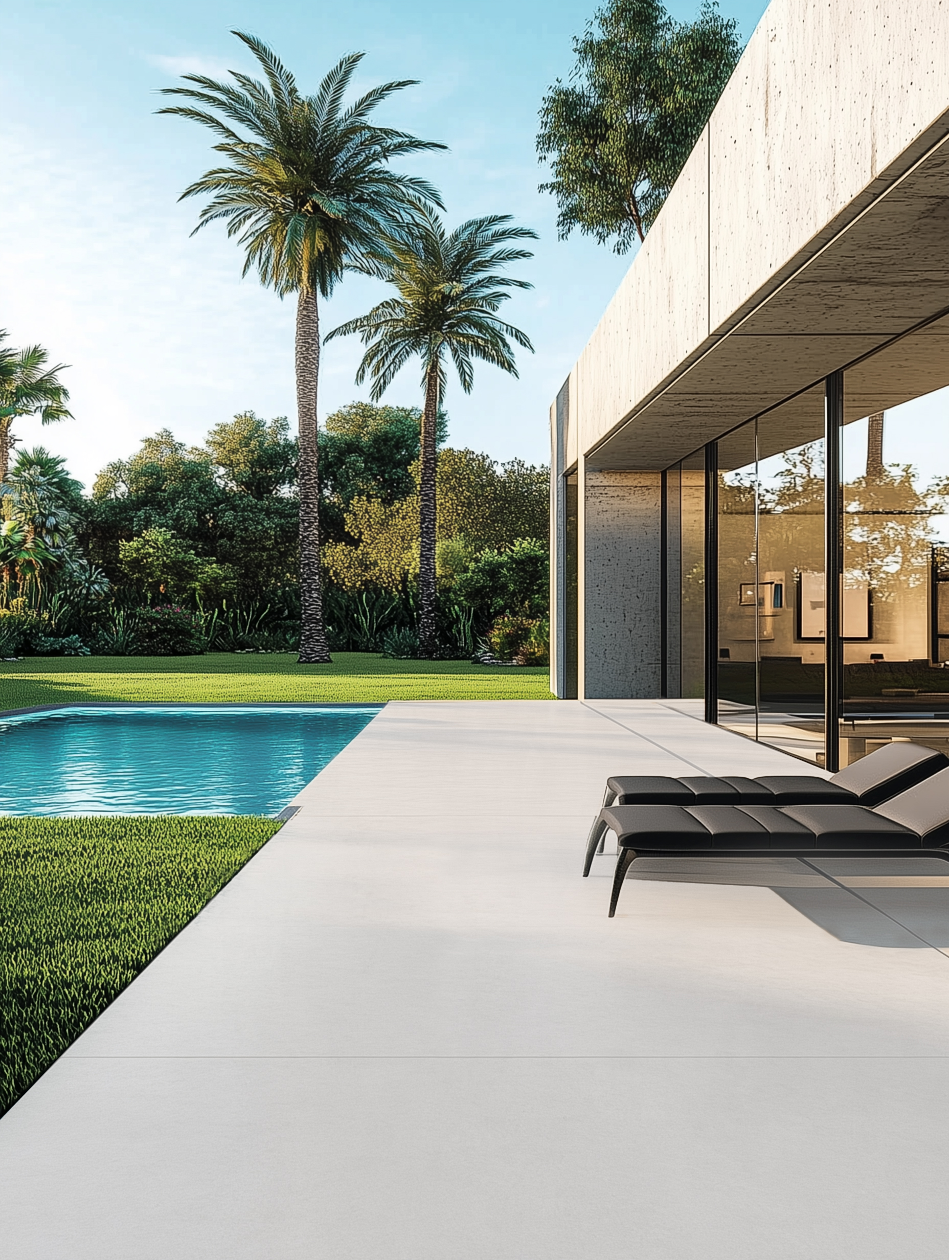 White Concrete StratusPorcelain installed on floor near luxury home with pool