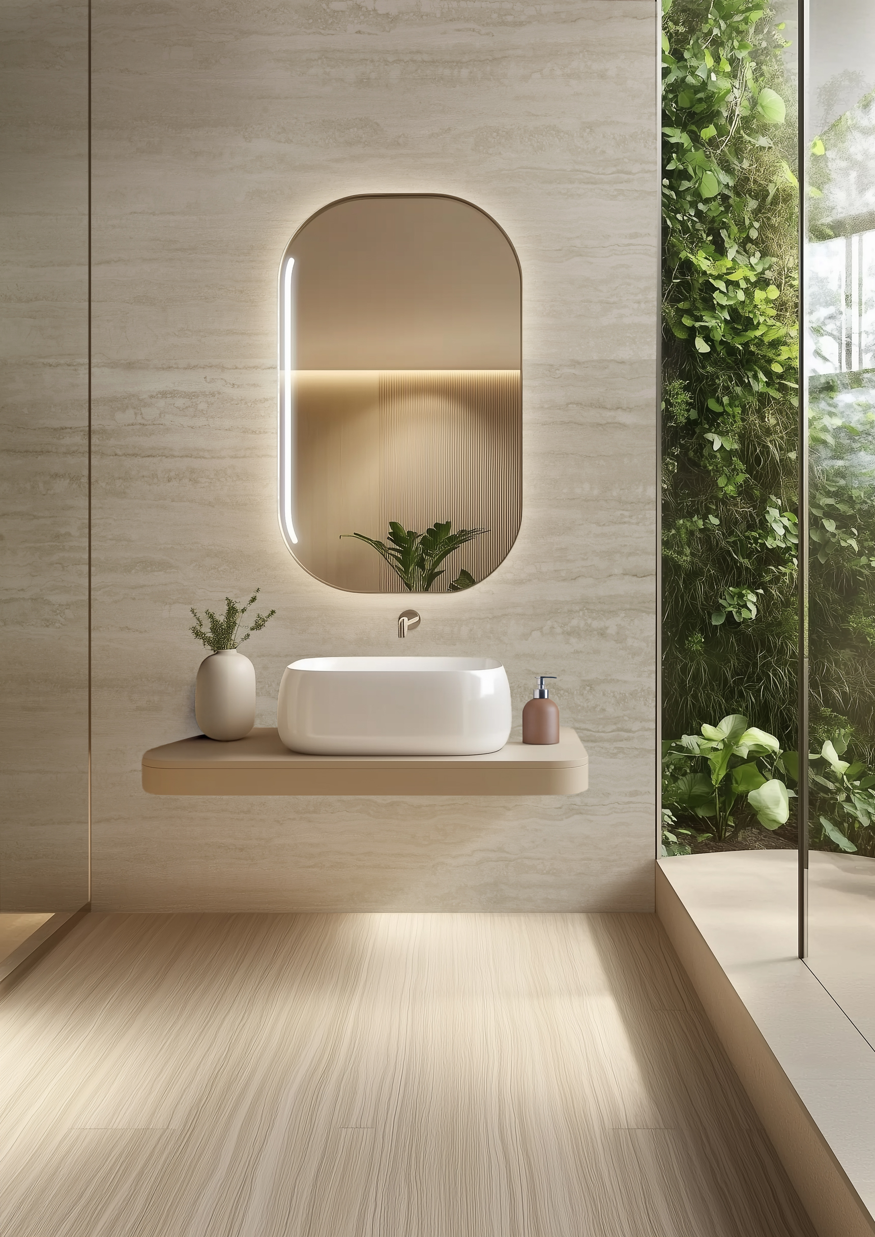 Silver Luxe Travertine StratusPorcelain installed on wall in luxury bathroom