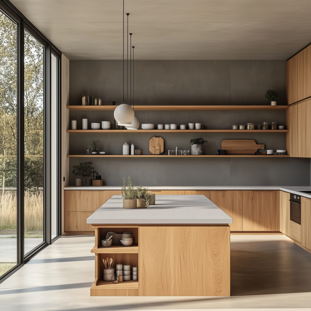 Cosmopolitan Gray quartz installed in ultra modern wood kitchen.