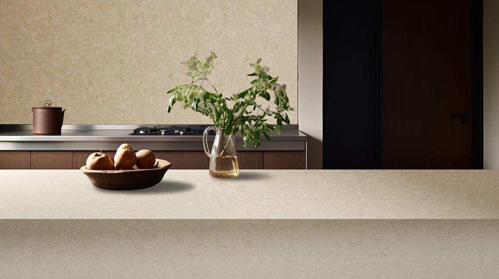 Close up of Crema Monaco installed in warm brown kitchen