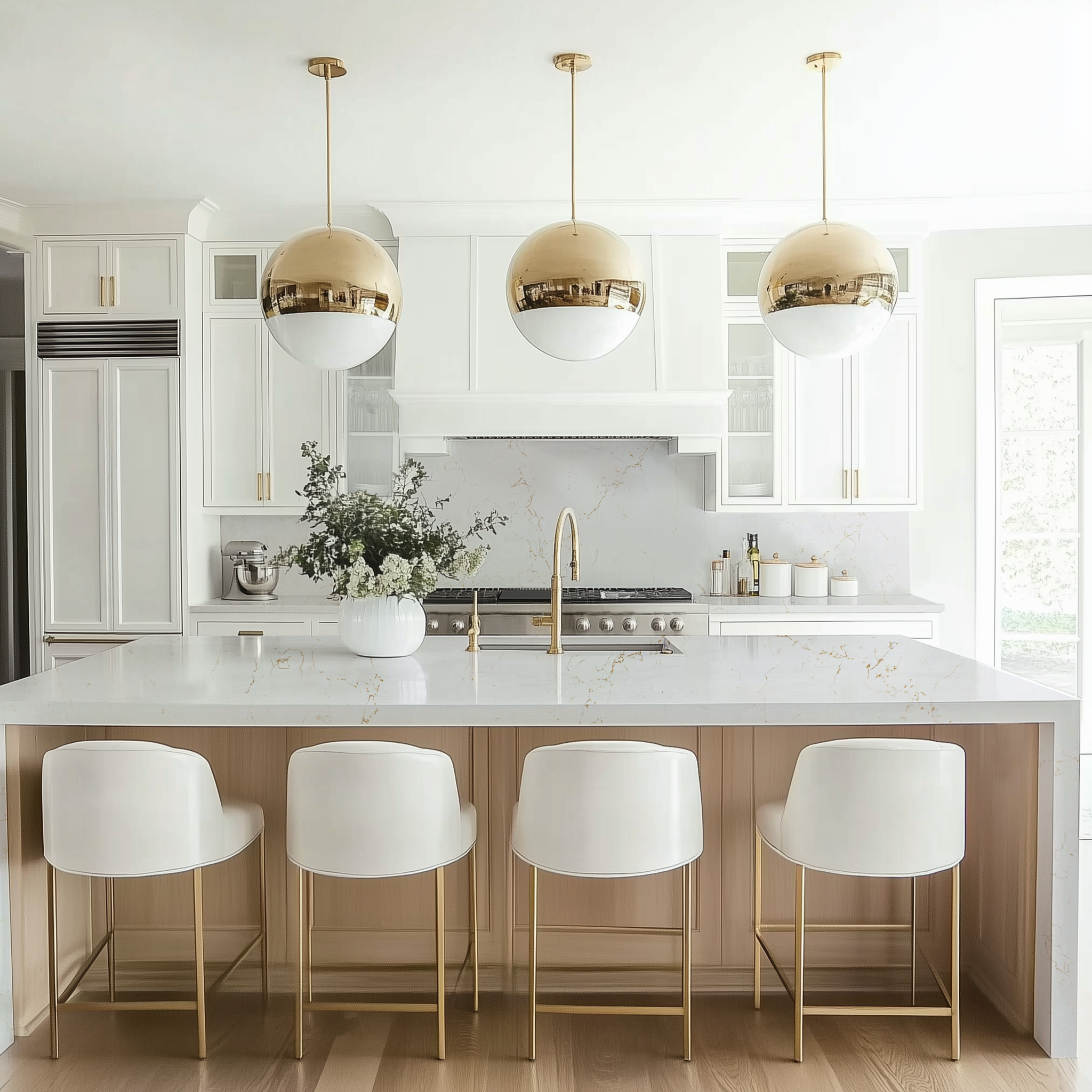Magnifico Gold installed in bright white kitchen with warm wood island