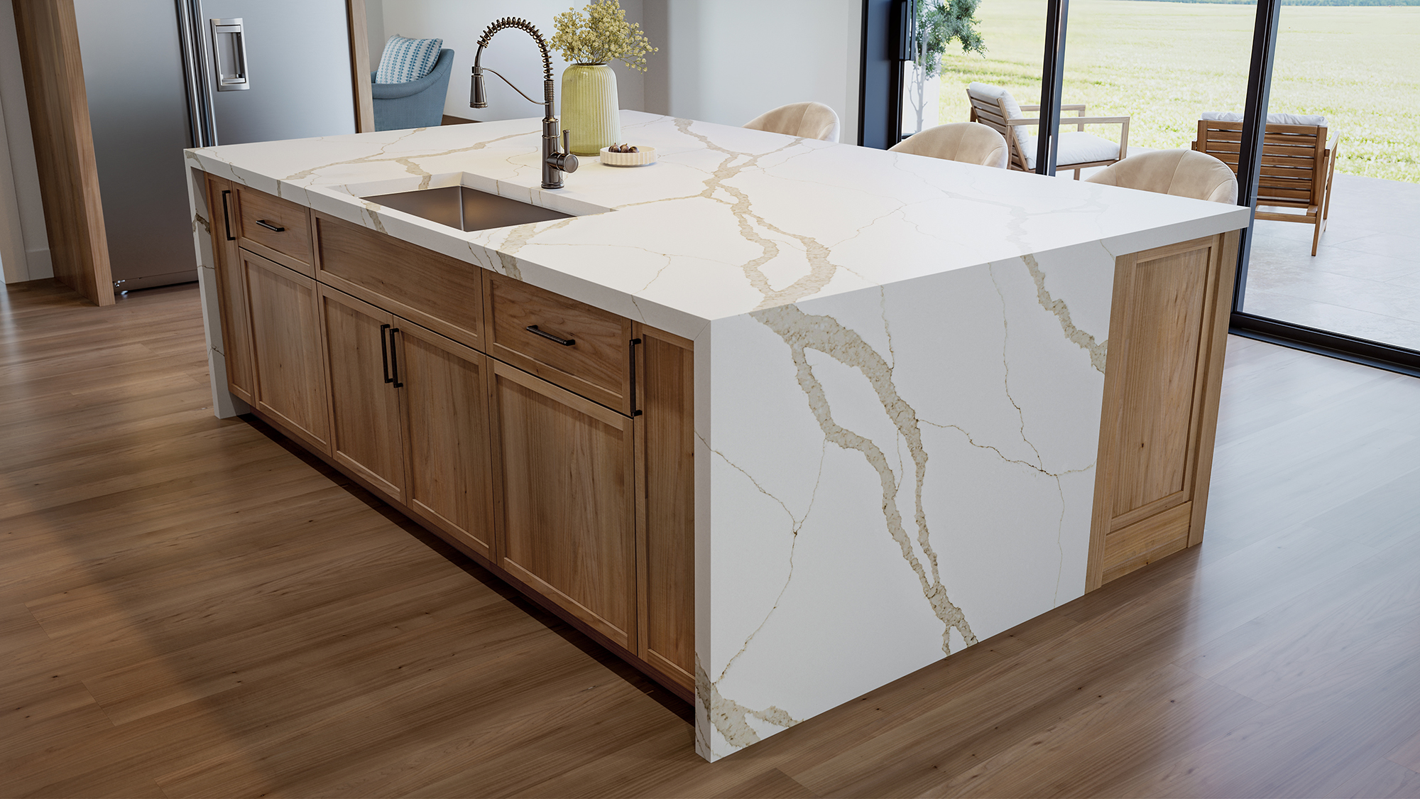 Calacatta Solana installed in wood ktichen