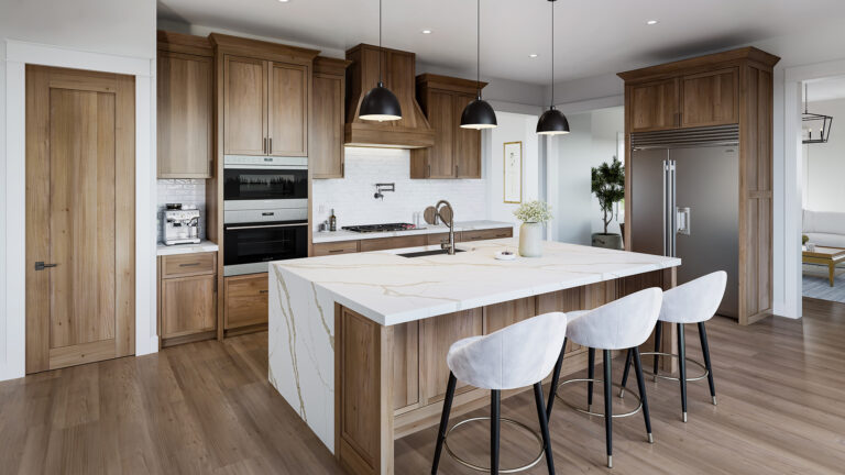 Calacatta Solan installed in wood kitchen