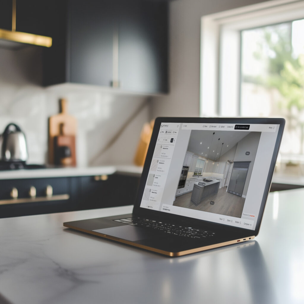Stratus Surfaces visualizer on laptop in luxury kitchen