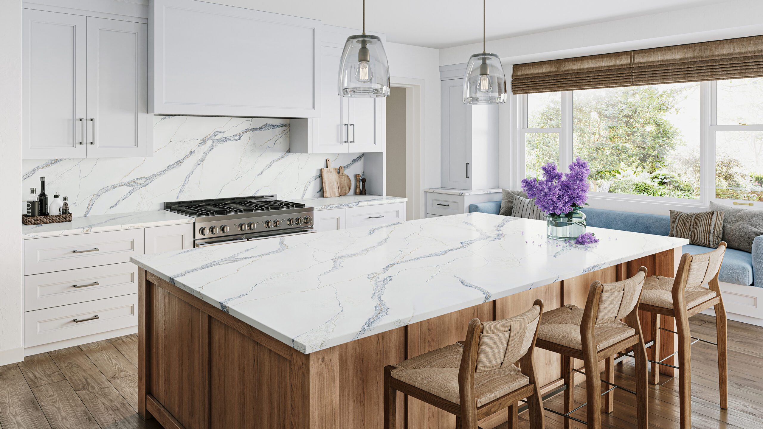 Sorrento installed in bright white kitchen with white and wood cabinets